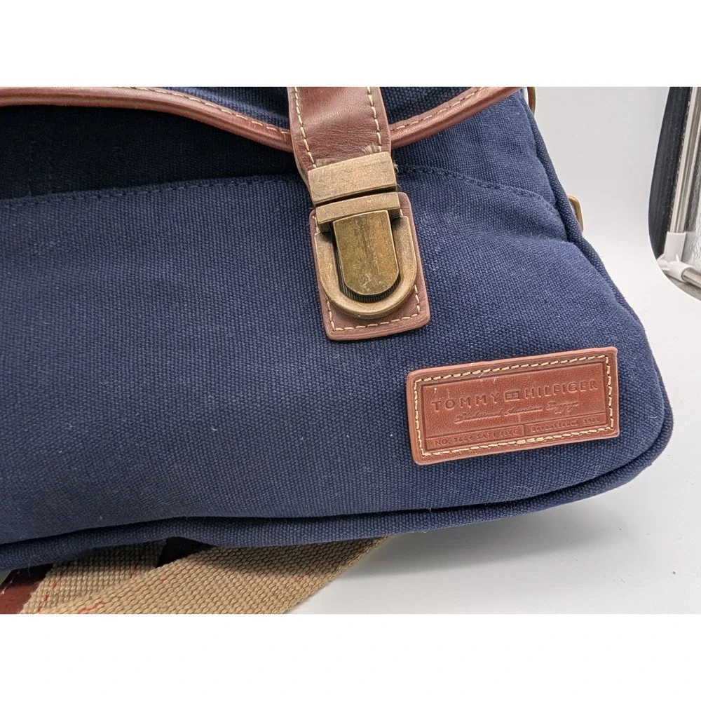 Tommy Hilfiger Navy Blue Canvas Messenger Bag Leather Trim Laptop Sleeve Mens